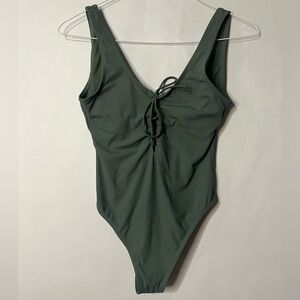 Xhilaration Green One Piece Lace Up Ribbed Swimsuit Size Medium Resortwear Beach